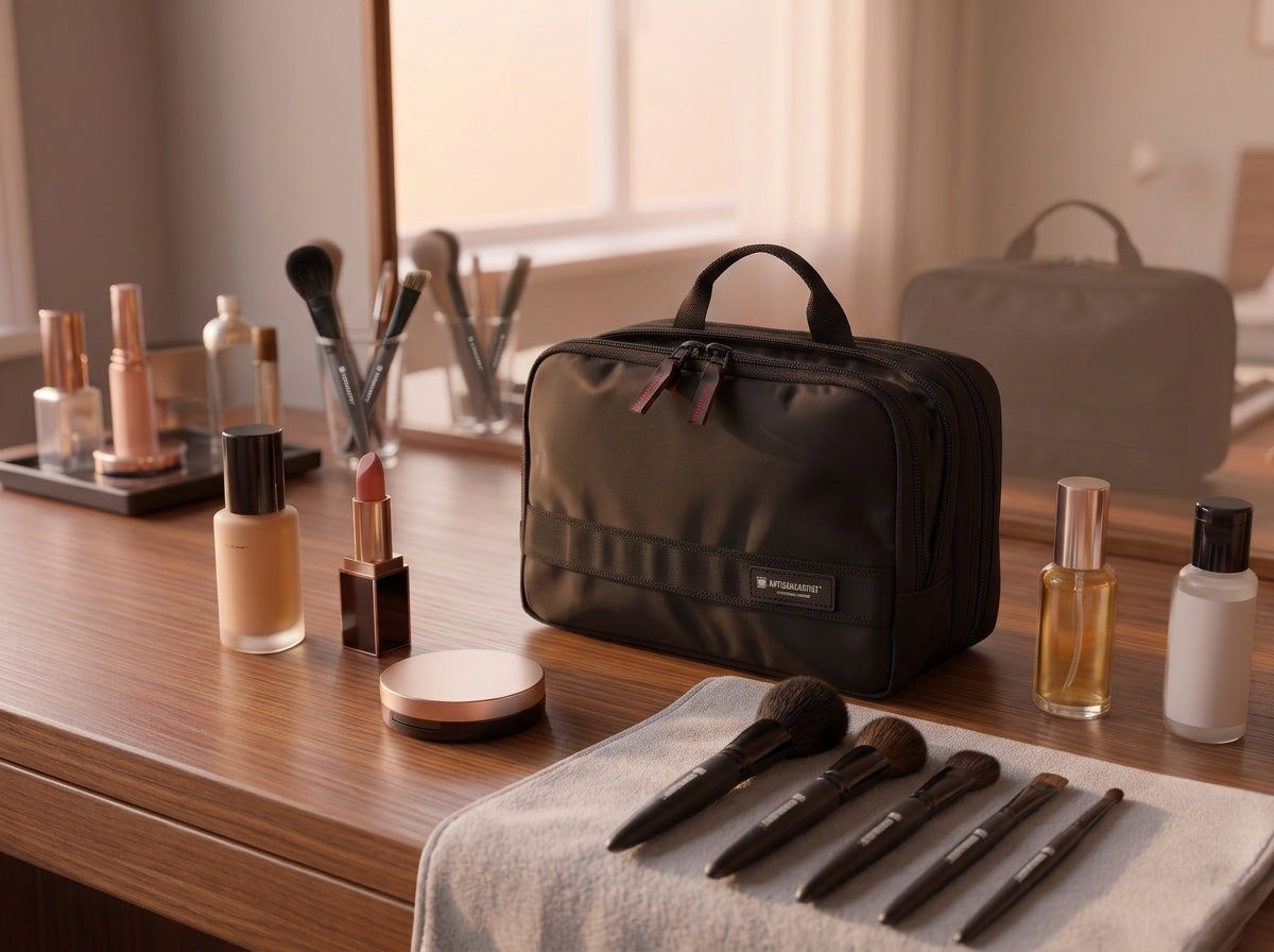 Makeup bag, cosmetics, and brushes organized on a wooden vanity to illustrate proper makeup storage and care.