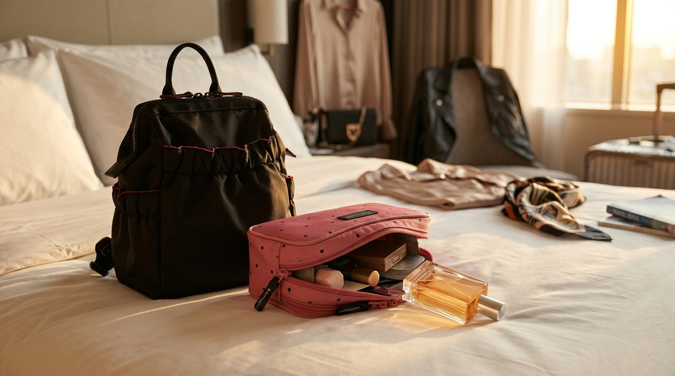 Perfume bottle beside a travel pouch on a hotel bed.