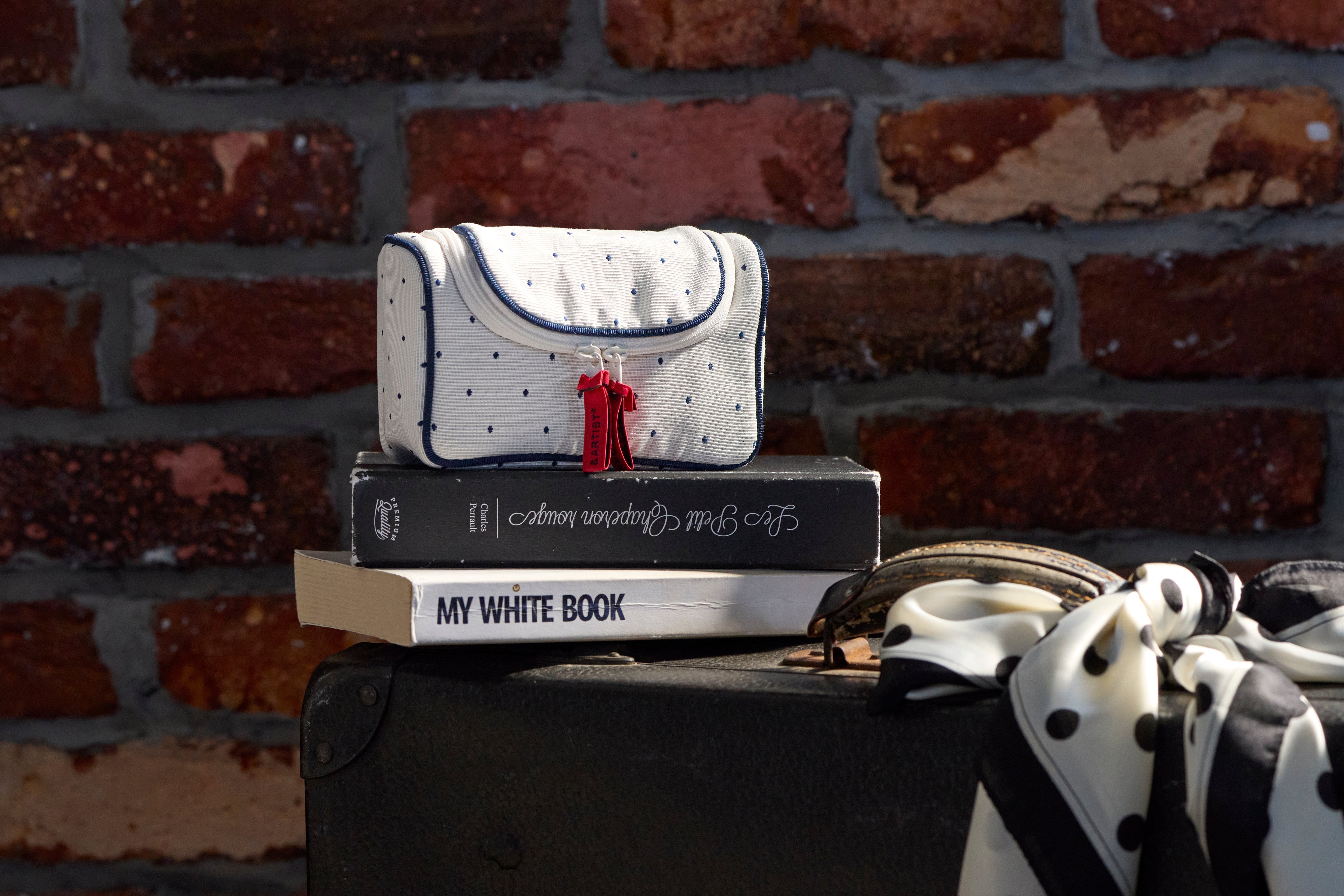 A makeup pouch and two books on top of a vintage suitcase