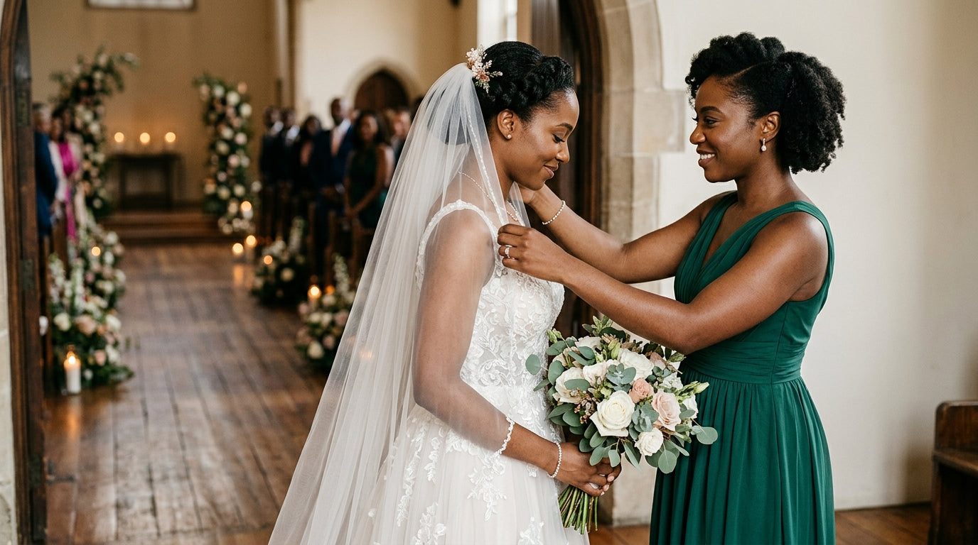 Bride and maid of honor sharing a quiet moment before walking down the aisle