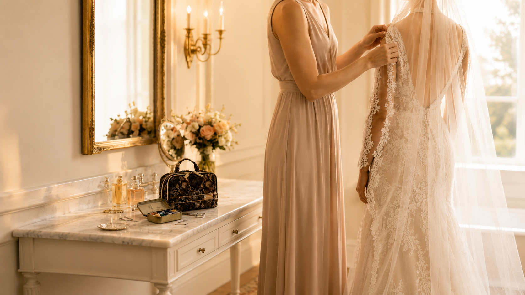 Bridesmaid helping a bride adjust her lace veil in a warmly lit bridal suite, the wedding day emergency kit on the vanity in the background.