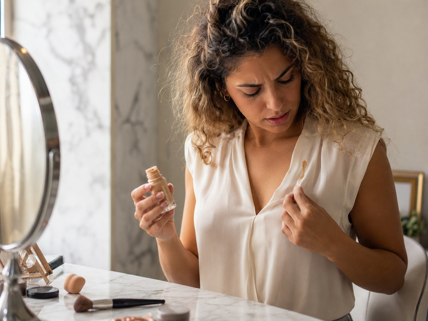 Woman noticing foundation drops on her blouse while applying makeup