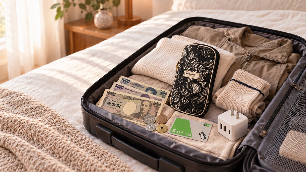 Open suitcase packed with clothes, an Artisan & Artist Classic Monotone Slim Multi-Use Pouch, Japanese yen, a Suica card, and a travel adapter.