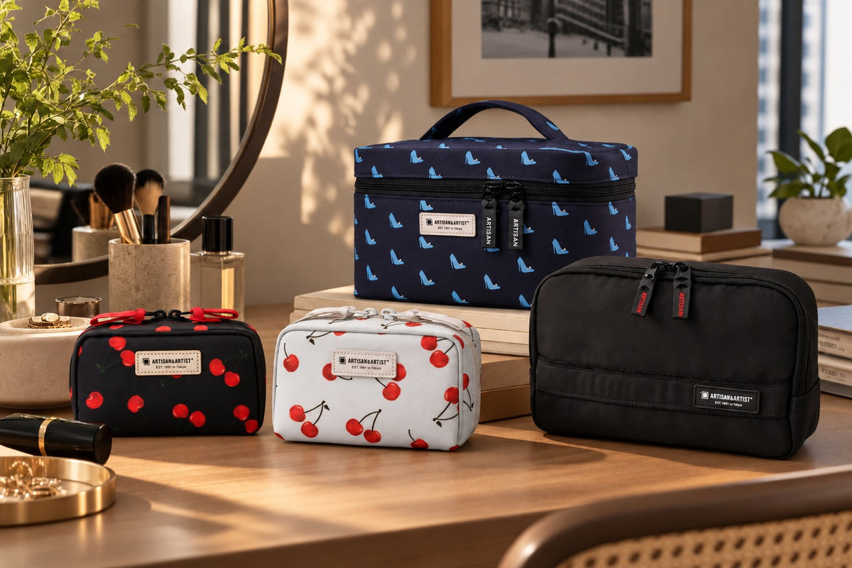Vanity display of Artisan&Artist's different-shaped makeup pouches and vanity bags