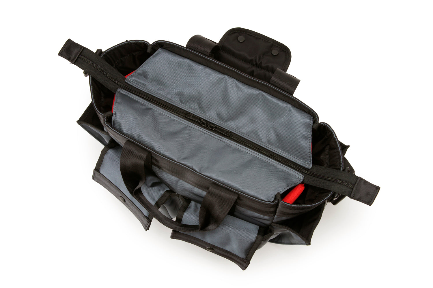 Shoulder-tote-type camera bag with a wide opening.