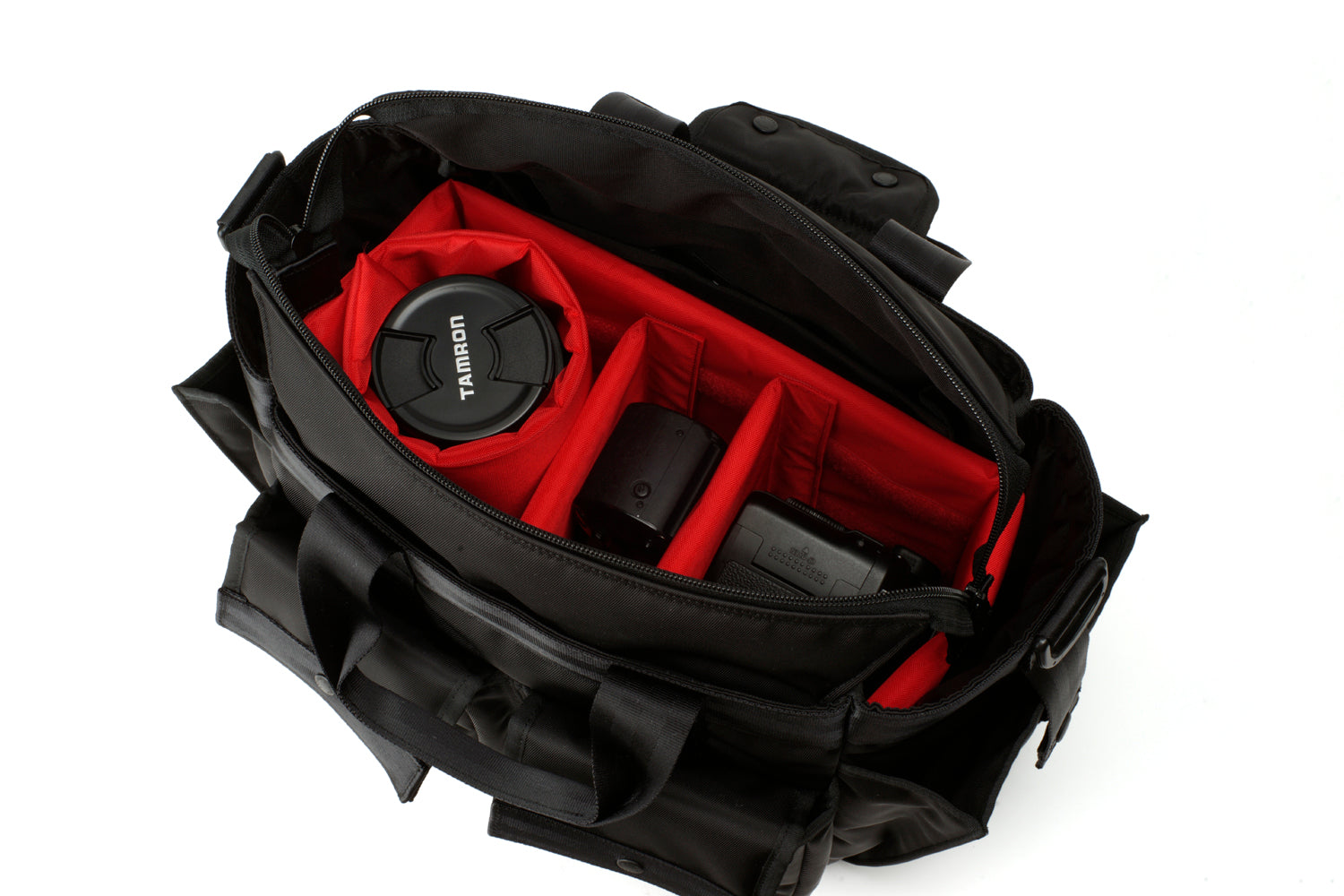 Shoulder-tote-type camera bag with a wide opening.